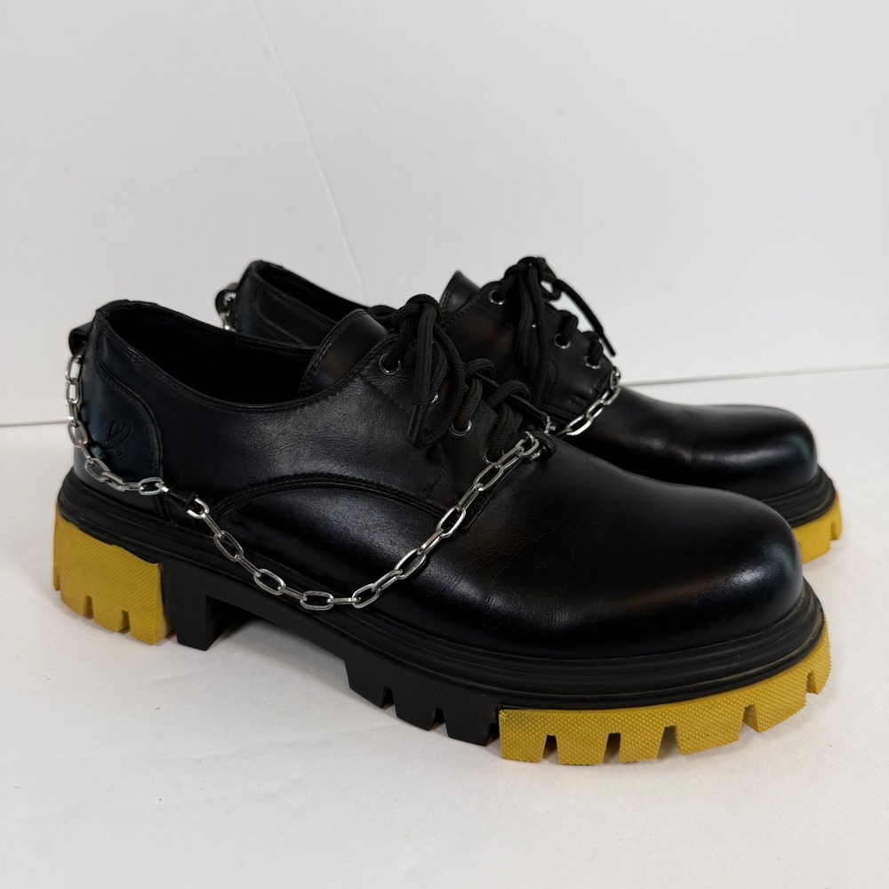 KOI Black Platform Oxford Shoes 9 Chain Detail Yellow Lug Sole Goth Punk Chunky